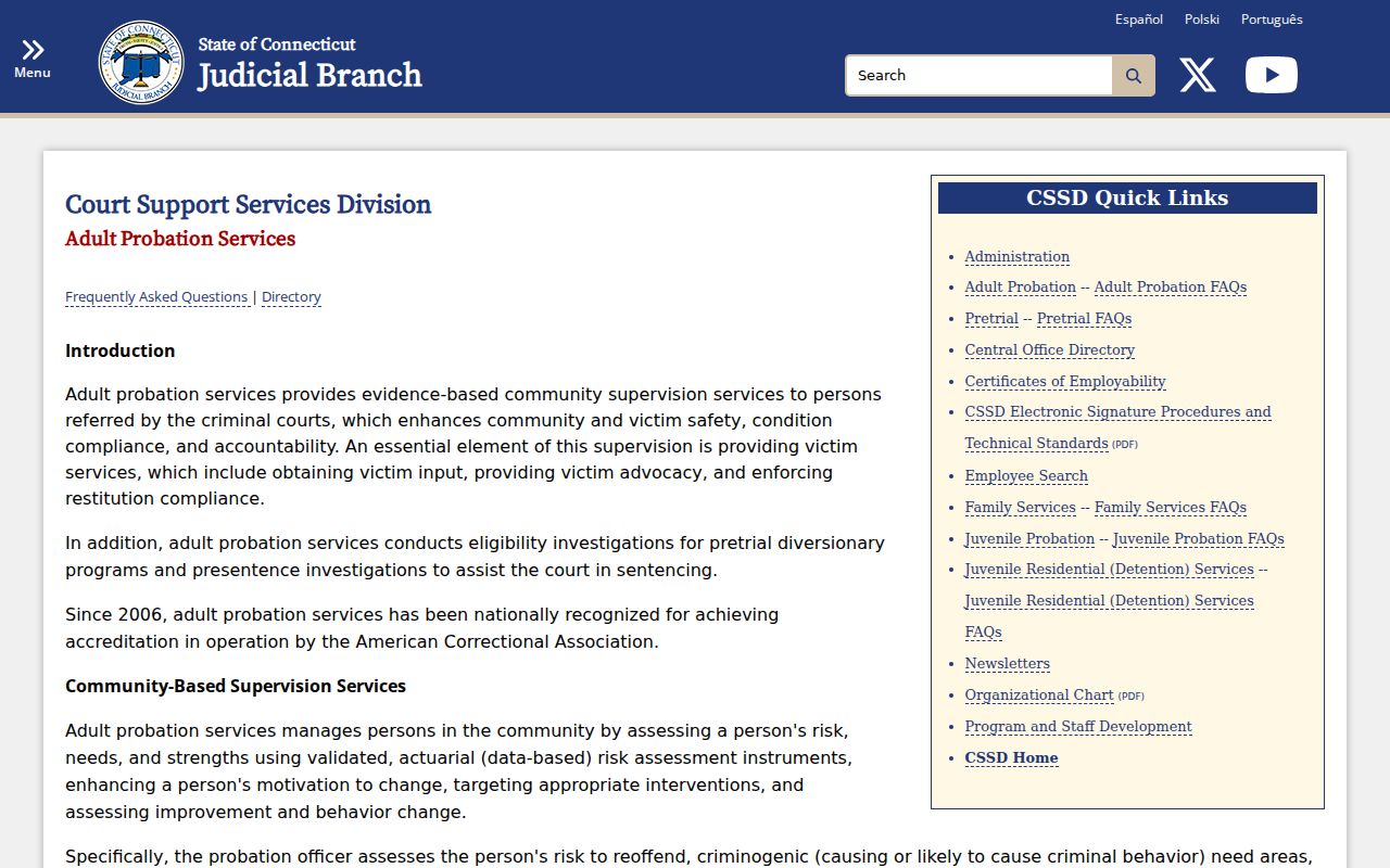 Connecticut Judicial Branch Adult Probation Services information
