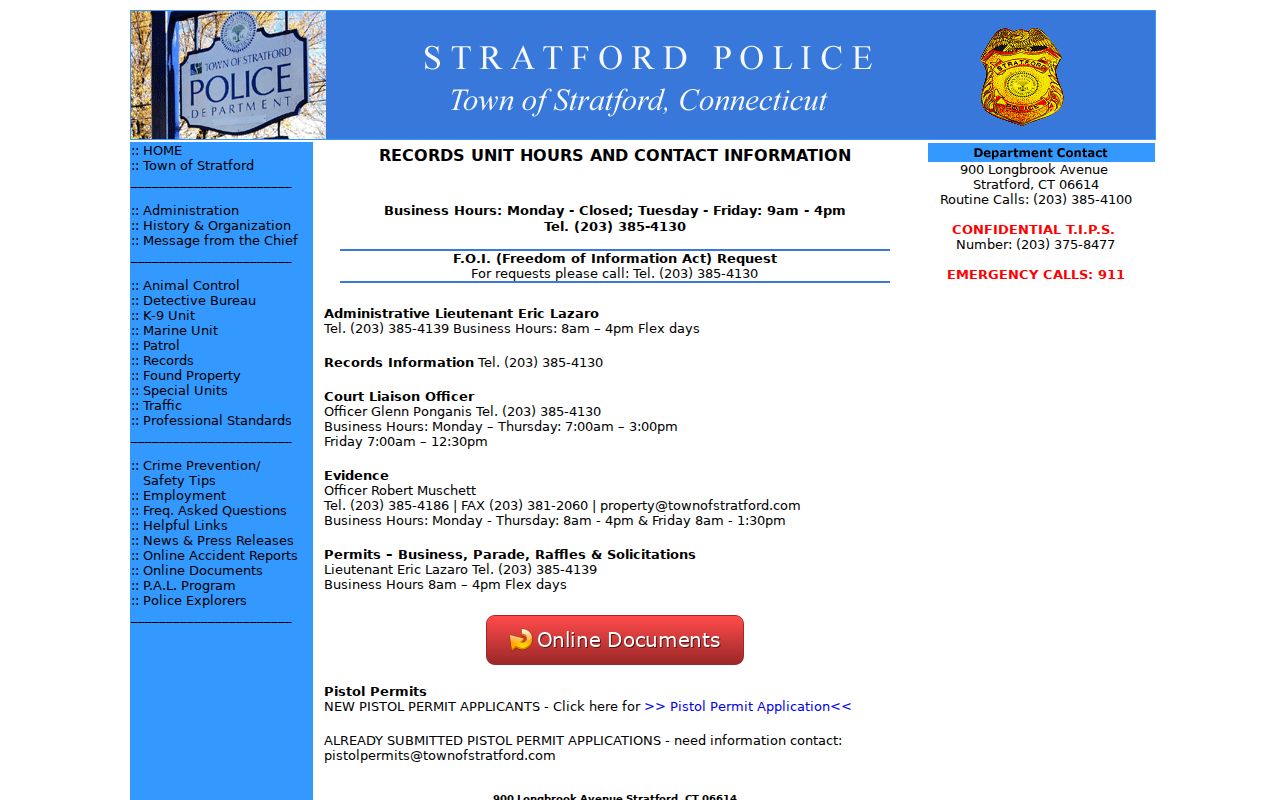 Stratford Town arrest report Records Unit hours and contact