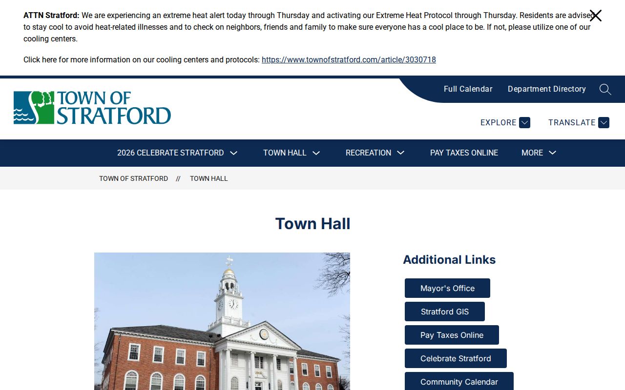 Stratford Town Hall exterior and municipal public-record counter information