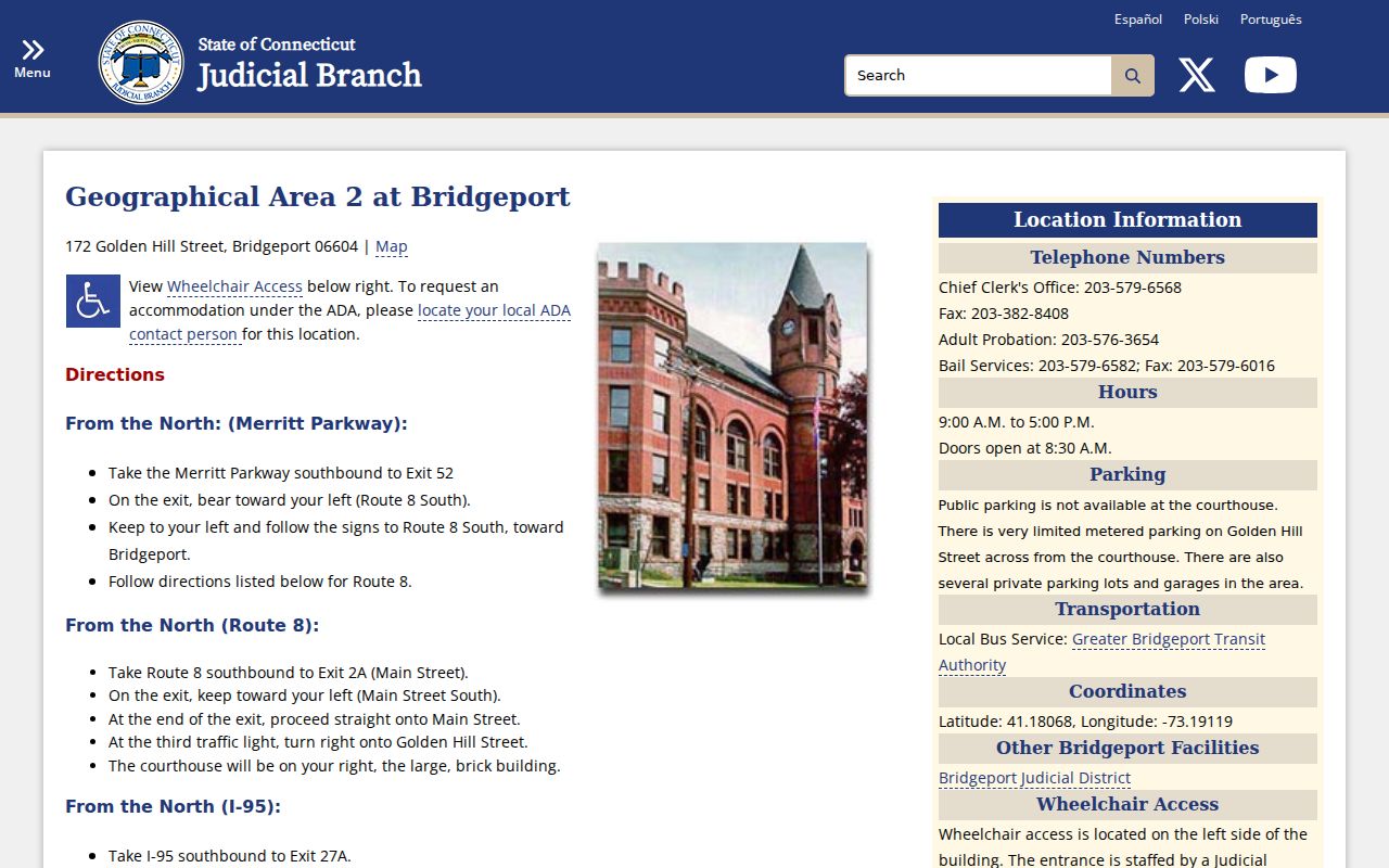 Connecticut Judicial Branch page for Bridgeport G.A. No. 2 court